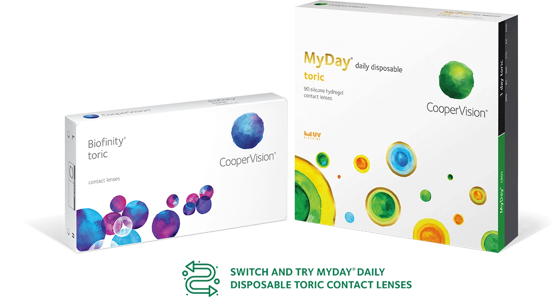 Biofinity® toric contact lens for astigmatism and MyDay® daily disposable toric contact lenses for astigmatism